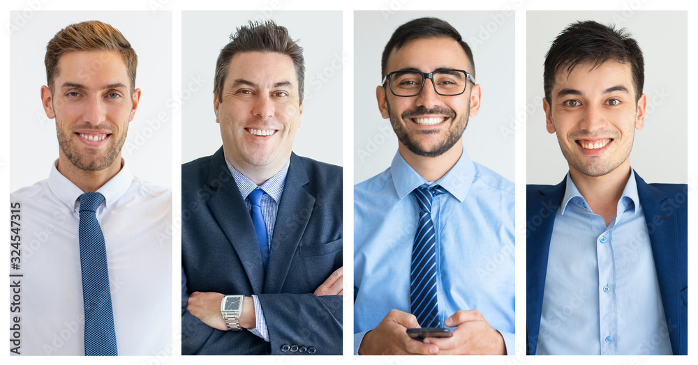 Collage of smiling confident young workers looking at camera. Multiscreen montage, split screen collage. Office employees concept Collage of smiling confident young workers looking at camera. Multiscreen montage, split screen collage. Office employees concept