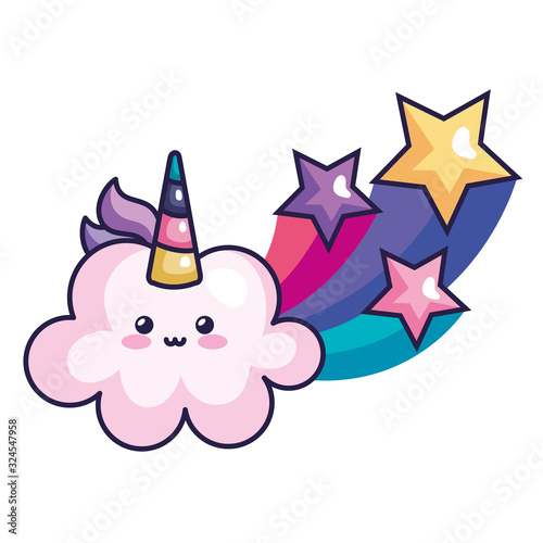 cute cloud with shooting stars unicorn kawaii style icon vector illustration design