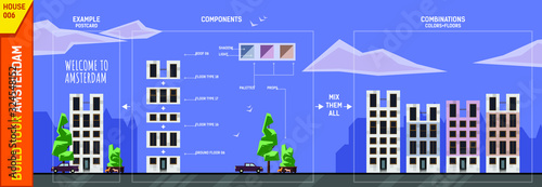Amsterdam modern house constructor. Front view. Contains tree, bushes, car, bike rider and color palettes. Use module elements to build your own design of poster, banner, postcard, etc.