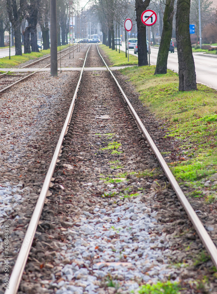 Fototapeta premium Wroclaw, Poland, February 2020. straight tram track in wroclaw.