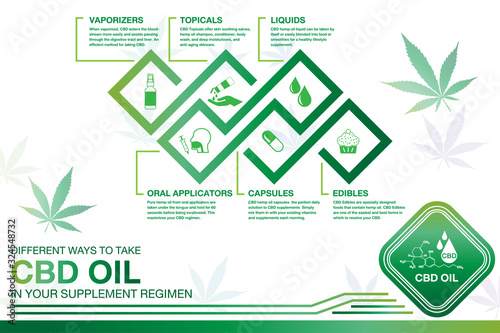 CBD oil in your supplement regimen Infographics. info poster, brochure cover template layout with green flat design icons, other elements.