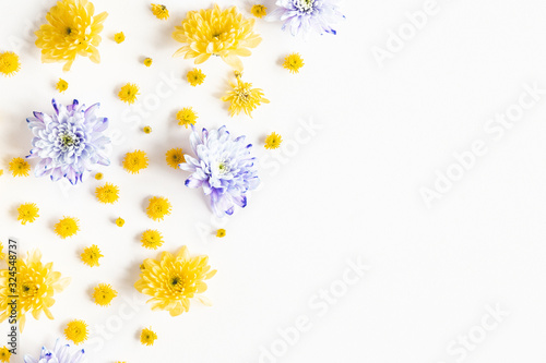 Flowers composition. Frame made of chrysanthemum flowers on white background. Flat lay, top view
