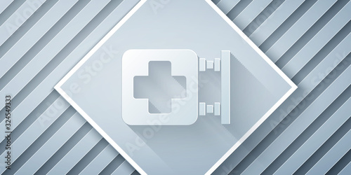 Paper cut Hospital signboard icon isolated on grey background. Paper art style. Vector Illustration