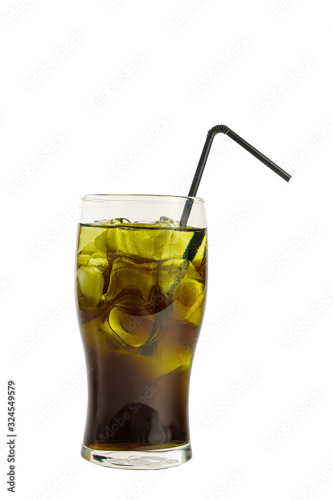 A single-colored transparent green cocktail, refreshing shining in a tall glass with large square ice cubes, straw, side view, isolated white background. Drink for the menu restaurant, bar, cafe A single-colored transparent green cocktail, refreshing shining in a tall glass with large square ice cubes, straw, side view, isolated white background. Drink for the menu restaurant, bar, cafe
