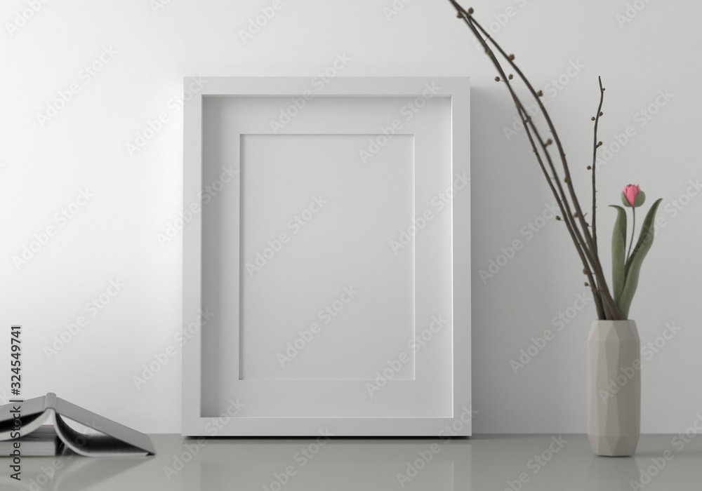 Blank white picture frame put on the floor with books. 3d render. Blank white picture frame put on the floor with books. 3d render.