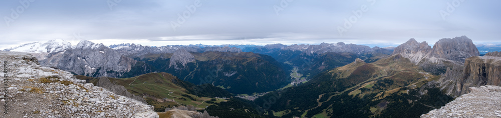 Large panoramic view on the Italian Dolomite from Sass Pordoi Terrazza Delle Dolomiti