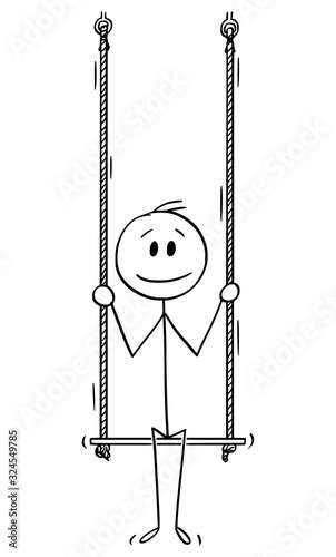 Vector cartoon stick figure drawing conceptual illustration of man or businessman sitting on swing.