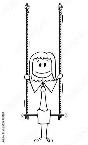 Vector cartoon stick figure drawing conceptual illustration of woman or businesswoman sitting on swing.