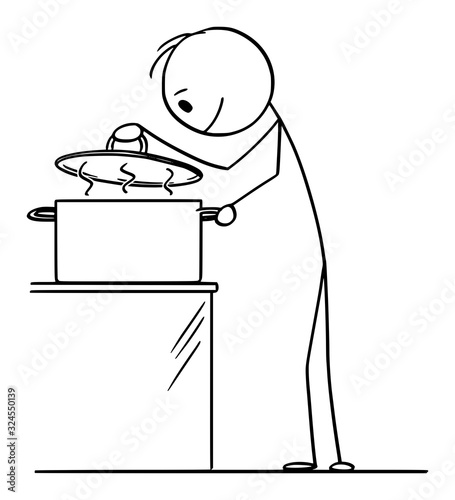 Vector cartoon stick figure drawing conceptual illustration of hungry curious man or cook looking on hot food inside of cooking pot.