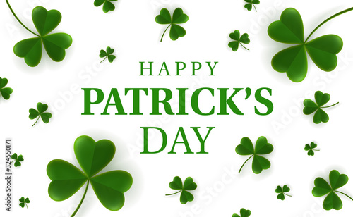 Modern flyer for St. Patrick's holiday party. Greetings card with flying clover leaves on white background and space for text. Irish traditional holiday. Realistic clover 3D leaf. Vector illustration