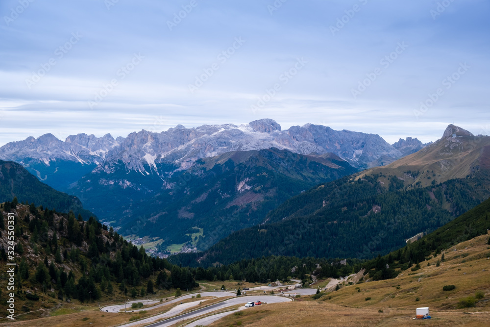 Beautiful view on the road at Italian Dolomite from Sass Pordoi Terrazza Delle Dolomiti