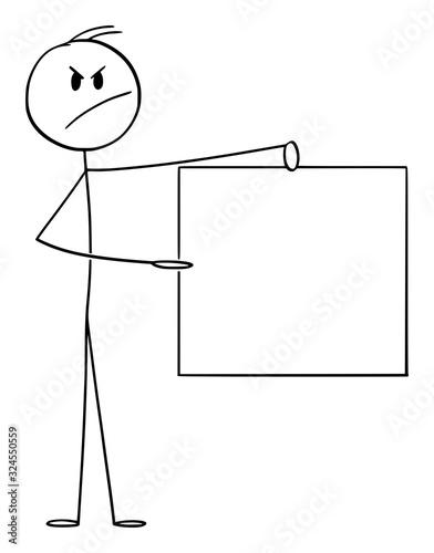 Vector cartoon stick figure drawing conceptual illustration of angry man or businessman holding empty sign.