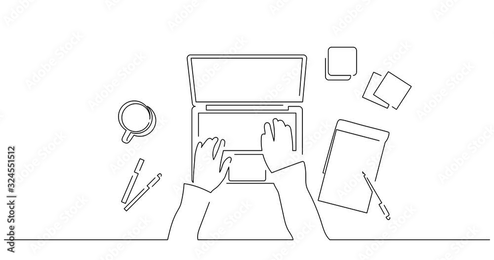 Person on a work desk line drawing, animated illustration design. Technology collection.