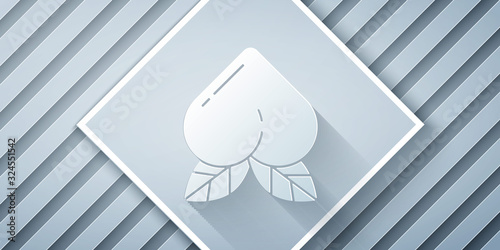Paper cut Peach fruit or nectarine with leaf icon isolated on grey background. Paper art style. Vector Illustration