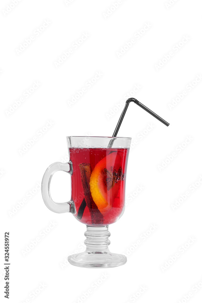 Monochrome transparent cocktail, red mulled wine in a high glass with a handle with spices and a slice of lemon, orange, star anise and vanilla stick, side view, isolated white background Monochrome transparent cocktail, red mulled wine in a high glass with a handle with spices and a slice of lemon, orange, star anise and vanilla stick, side view, isolated white background