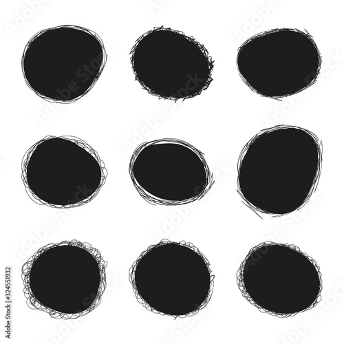 Set of black scribble hand drawn speech bubbles. Vector scribble frame collection design elements.