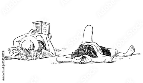 Sketch of couple vacationers sunbathing on the beach