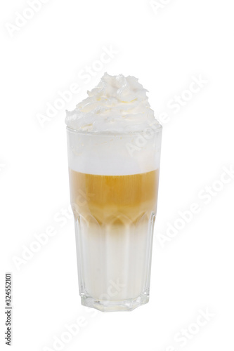 A multi-colored, two-layer opaque cocktail in a tall glass with chopped ice, whipped cream, with a taste of coffee, caramel, cream, Side view, Isolated white background, drink for menu