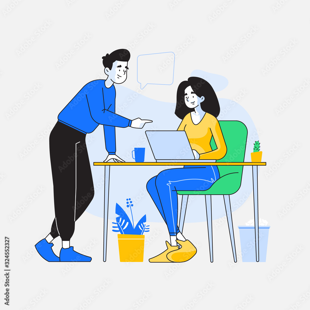 Teamwork and idea concept. Young woman sitting at desk and working on her laptop, her colleague , a young man giving her advice and pointing details on laptop, vector illustration