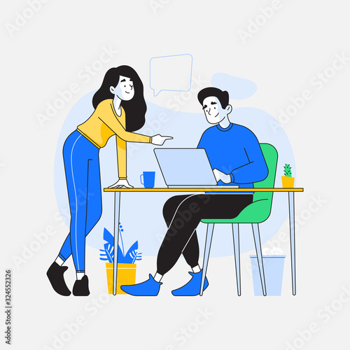 Teamwork and idea concept. Young man sitting at desk and working on his laptop, his colleague , a young woman giving him advice and pointing details on laptop, vector illustration