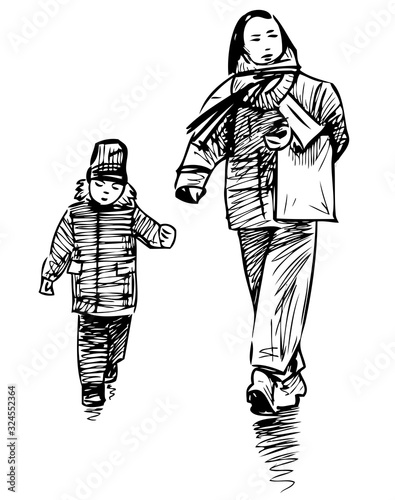 Sketch of mother with her little child walking along street