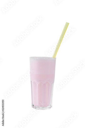 Milk cocktail with topping, strawberry, berry, cherry, yellow straw, isolated white background in grain glass, side view