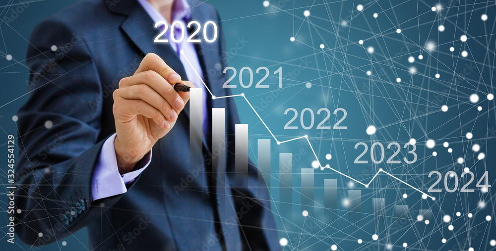 Obraz premium Businessman pressing 2020 start up business flat icon over gradient light blue background, Business happy new year cover concept