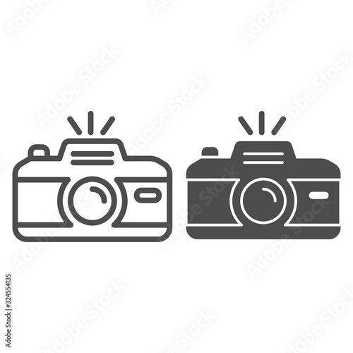 Camera line and solid icon. Professional photocamera with flash. Festive Event and Show vector design concept, outline style pictogram on white background, use for web and app. Eps 10.