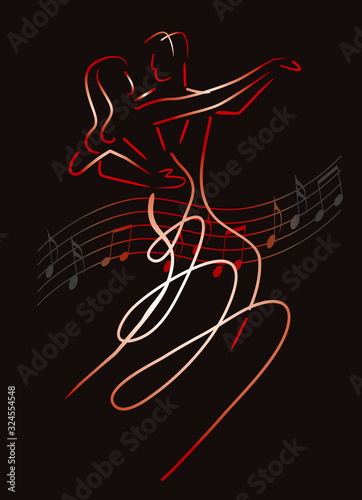 Balroom Dancers Couple with musical notes. Line art stylized illustration of couple dancing ballroom dance on black background. Vector available.