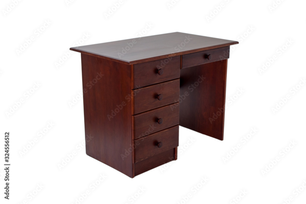Classic brown desk with drawers, side view, isolated on a white background.