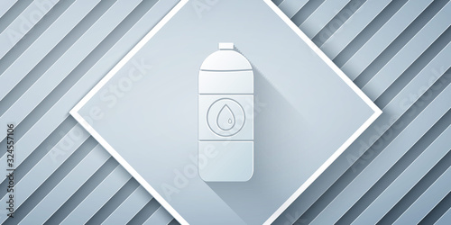 Paper cut Plastic canister for motor machine oil icon isolated on grey background. Oil gallon. Oil change service and repair. Paper art style. Vector Illustration