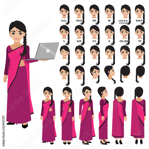 Cartoon character with Indian business woman in sari dress for animation. Front, side, back, 3-4 view character. Separate parts of body. Flat vector illustration.