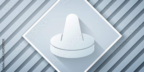 Paper cut Mallet and puck for playing air hockey game icon isolated on grey background. Paper art style. Vector Illustration