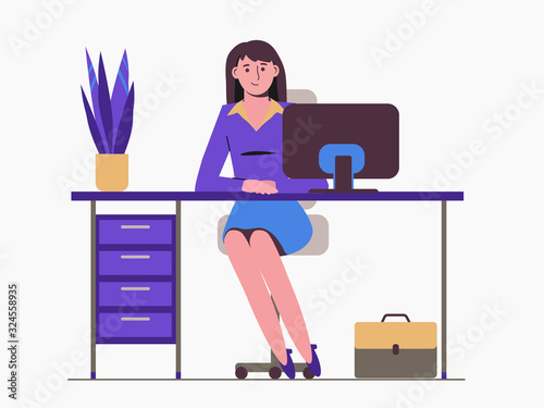 Girl secretary is sitting at the table. Office worker. Work at the computer. Illustration flat isolated on a white background.