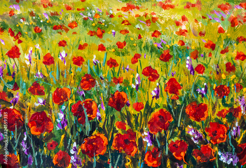 Fototapeta Naklejka Na Ścianę i Meble -  Red poppies tulips rose Flowers in green grass palette knife paintings background monet painting claude impressionism paint landscape flower meadow oil illustration