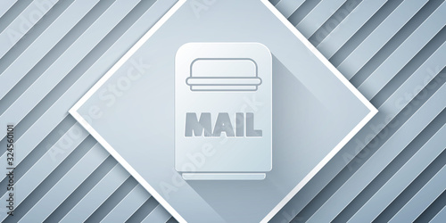 Paper cut Mail box icon isolated on grey background. Mailbox icon. Mail postbox on pole with flag. Paper art style. Vector Illustration