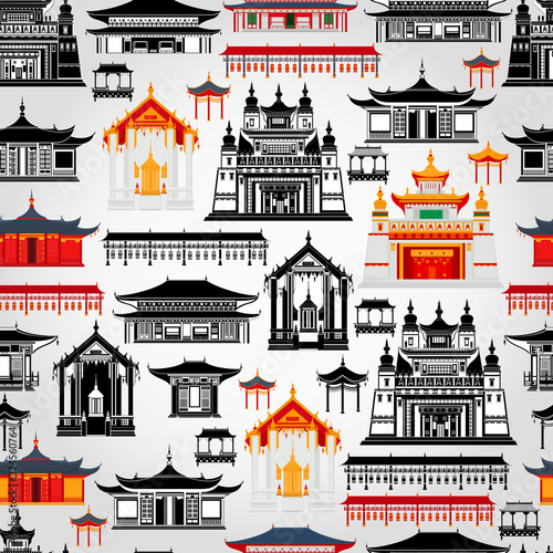 Seamless vector pattern with Chinese traditional buildings and temples on a light gray background.