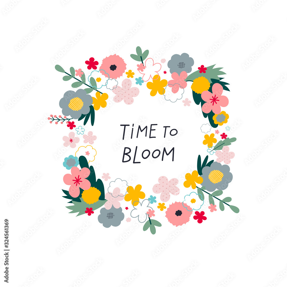 Bloom Spring wreath lettering flowers illustration