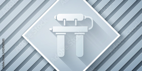 Paper cut Water filter icon isolated on grey background. System for filtration of water. Reverse osmosis system. Paper art style. Vector Illustration