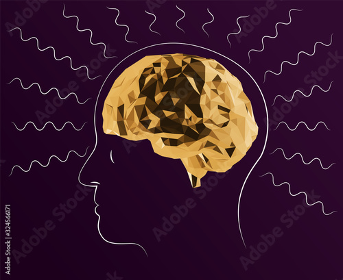 Gold Brains with Brain Waves on Purple Background. Shiny Metallic Golden Low Poly Vector 3D Rendering