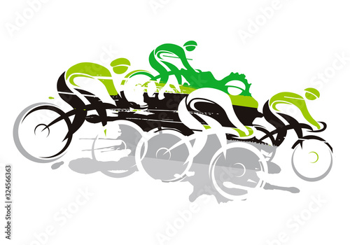  Cycling race at full speed going downhill. Expressive Illustration of Four cyclists. Imitation of hand drawing. Isolated on white background. Vector available.