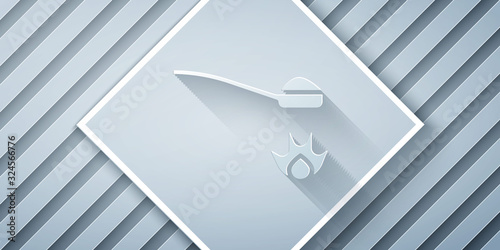 Paper cut Heroin in a spoon icon isolated on grey background. Concept of drug addiction and dependence from the narcotic. Junkie lifestyle. Paper art style. Vector Illustration