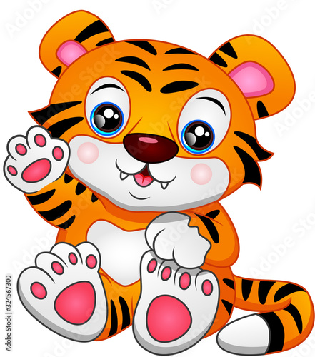 cute baby tiger cartoon waving