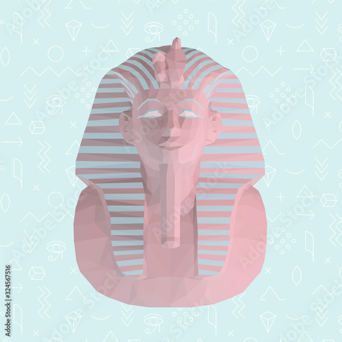 Pink Pastel Tutankhamun Burial Mask on Isolated Blue Background. Low Poly Vector 3D Rendering