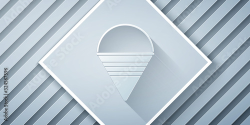 Paper cut Fire cone bucket icon isolated on grey background. Metal cone bucket empty or with water for fire fighting. Paper art style. Vector Illustration