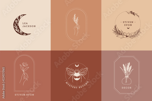 Abstract vector logo design in trendy linear style. Line design elements of hand, flowers, bee, eye, moon. Perfect for your brand: packaging, cosmetic, jewelry, shops, magazine