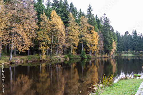 The small lake in the forest of Schoeneck in the Saxon Vogtland in autumn.