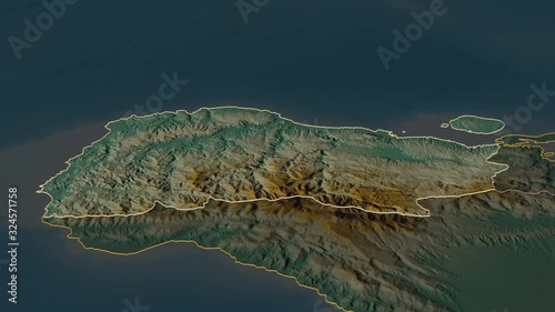 Grand'Anse, department with its capital, zoomed and extruded on the relief map of Haiti in the conformal Stereographic projection. Animation 3D photo