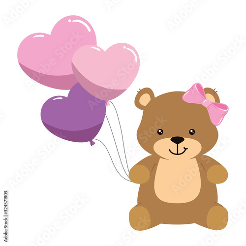 teddy bear female with balloons helium in heart shape vector illustration design