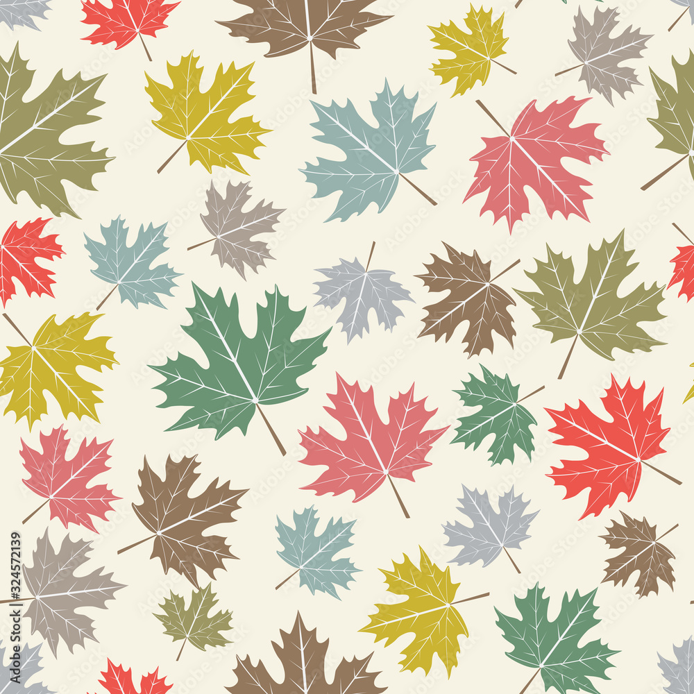 Seamless pattern with green, red, yellow, blue and brown maple leaves. Autumn background. Nature wallpaper. Vector illustration in vintage, retro style